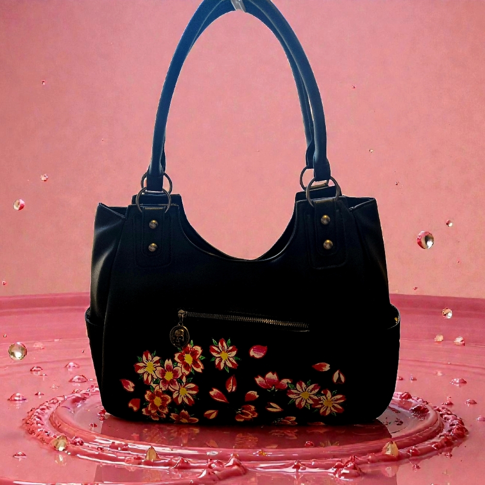 NEW Ed Hardy Black Floral Love Kills Slowly Skull Tattoo Bag 14"x12"x5" NWT - Picture 4 of 9